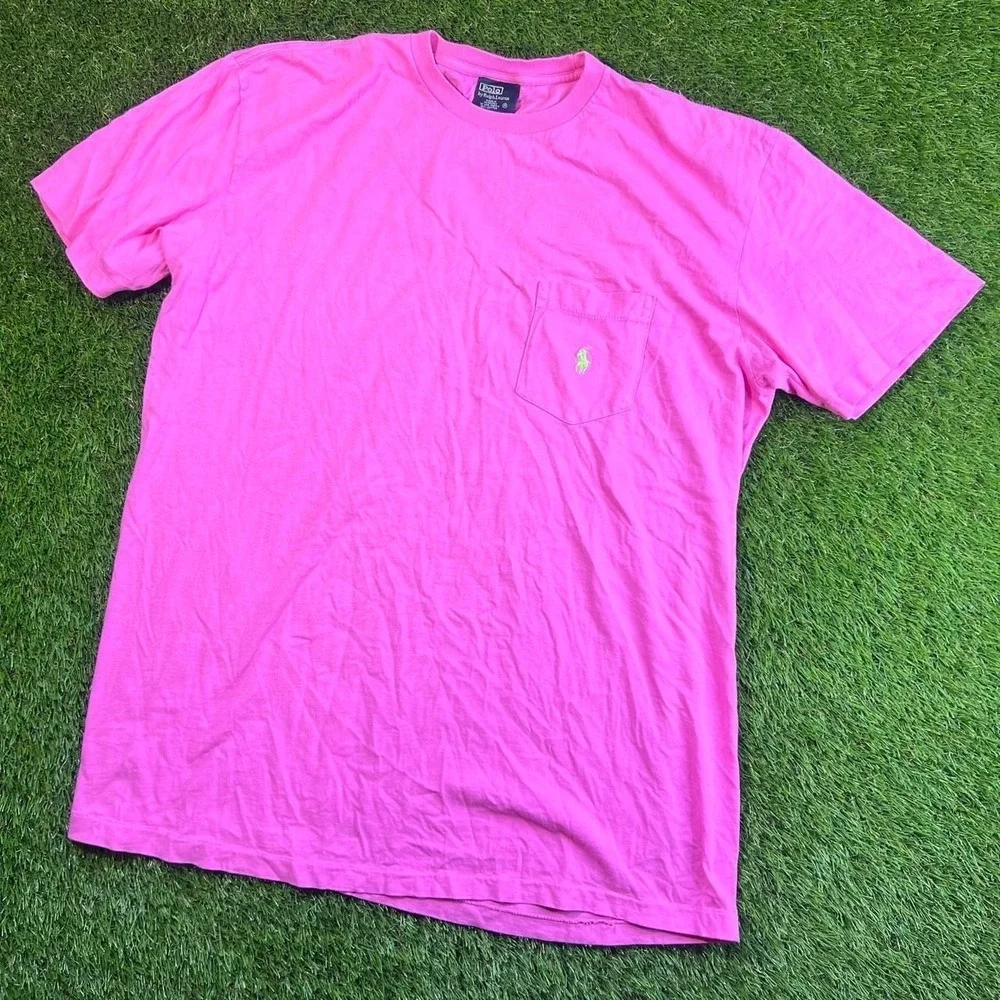 VTG Pink Polo Ralph Lauren Single Stitch pocket tee with green pony logo